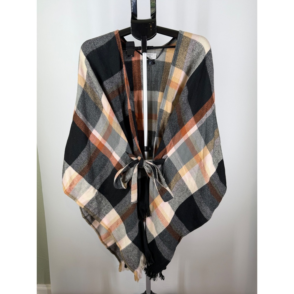 David and Young Plaid Poncho Wrap Multi Color Fringe Tie Waist One Size